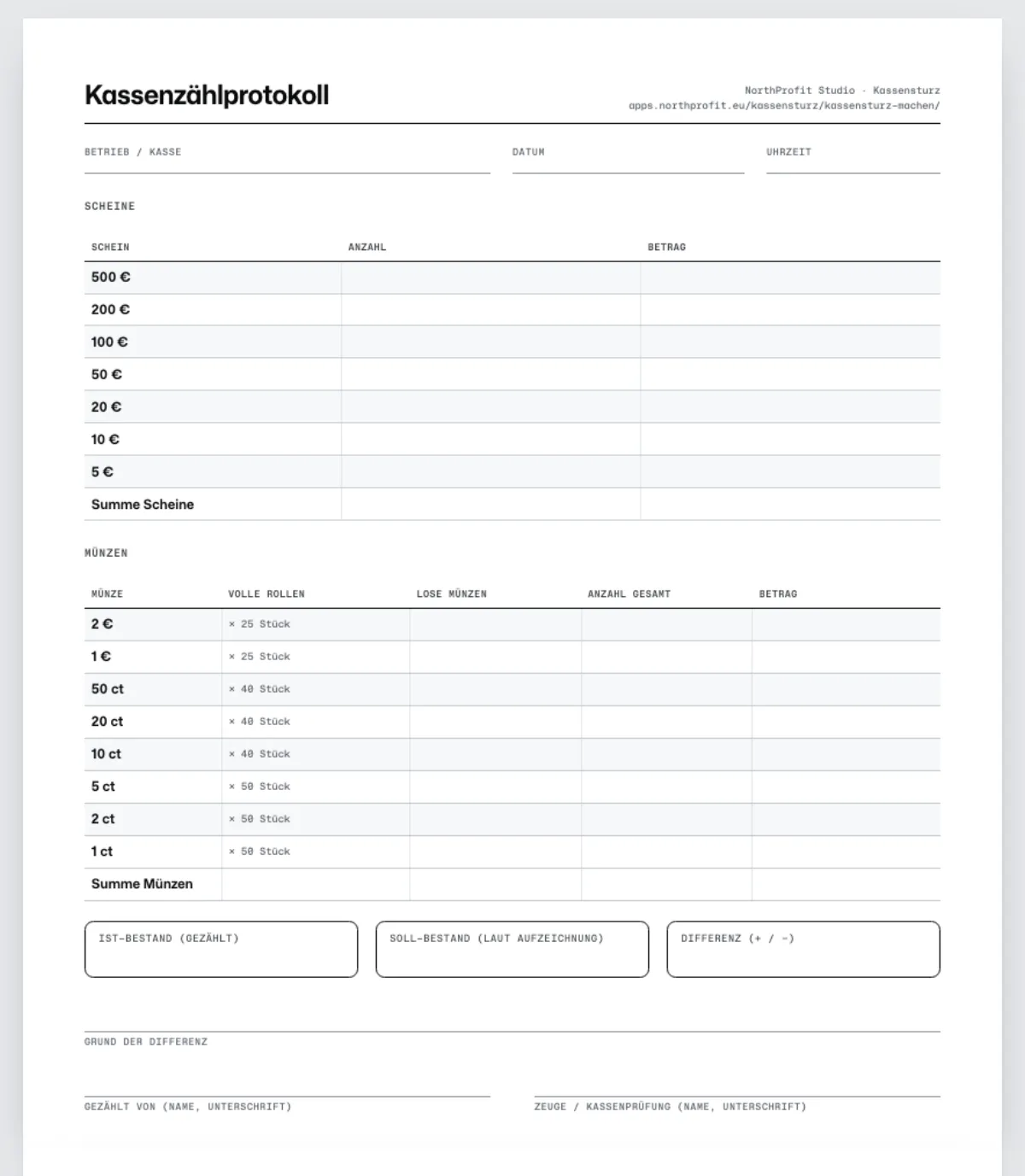 Vorschau des Kassenzählprotokolls: Tabelle mit Scheinen und Münzen, Anzahl, Rollen und Betrag, darunter Ist, Soll und Differenz mit Unterschriften