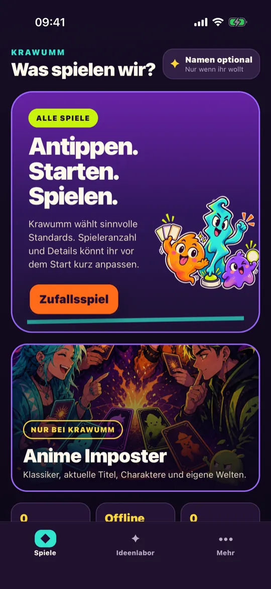 Krawumm: Startseite „Was spielen wir?“ mit Spielkarten, darunter Anime Imposter