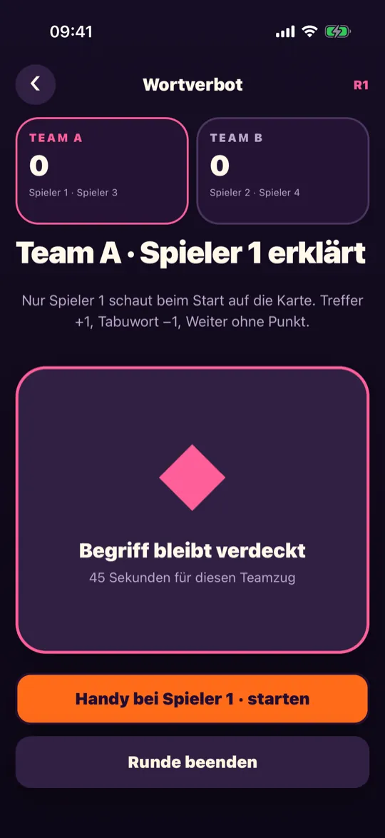 Krawumm: Runde „Wortverbot“ mit Punktestand für Team A und Team B, verdecktem Begriff und 45 Sekunden Zeit je Teamzug