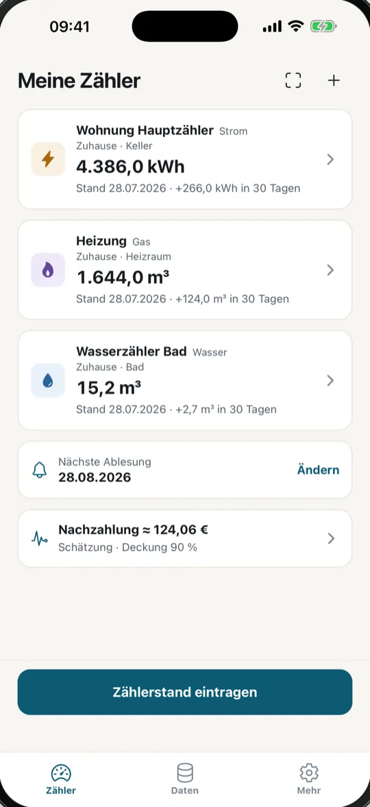 Zählerstand: Übersicht „Meine Zähler“ mit Hauptzähler Strom, Heizung und Wasserzähler samt Verbrauch der letzten 30 Tage